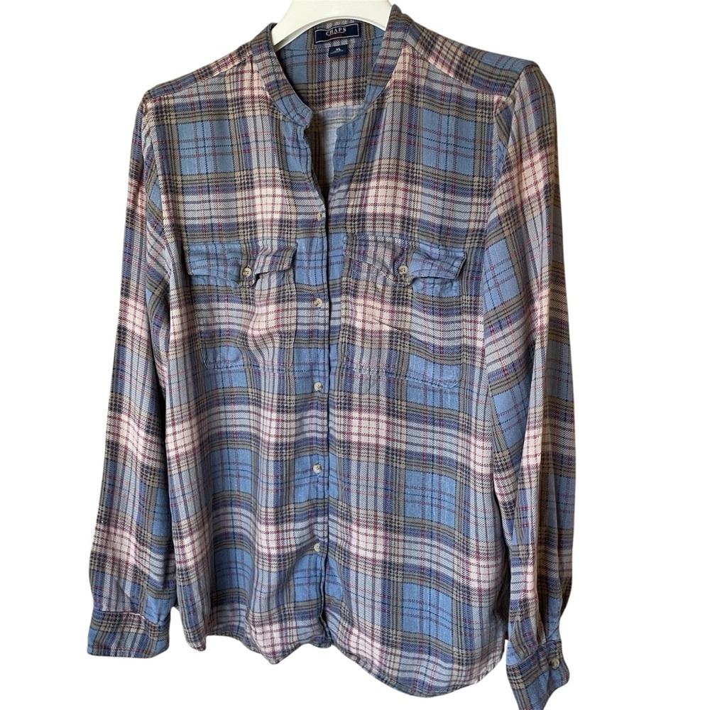 Chaps Denim‎ Blue and Light Brown Plaid Flannel Shirt, XL